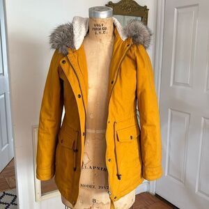 Sebby Mustard Quilted Winter Coat Fur Lined Hood Size Small